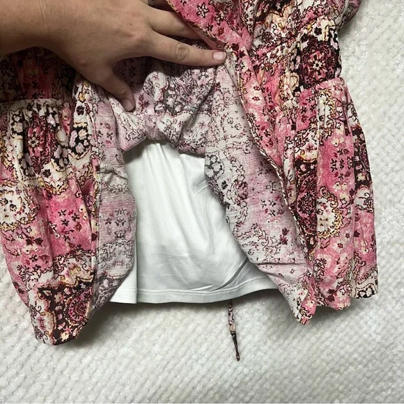 TORRID Crinkle Gauze Cris Cross Back Top Pink & Brown Peplum Cinched Waist Shirt - Picture 8 of 13